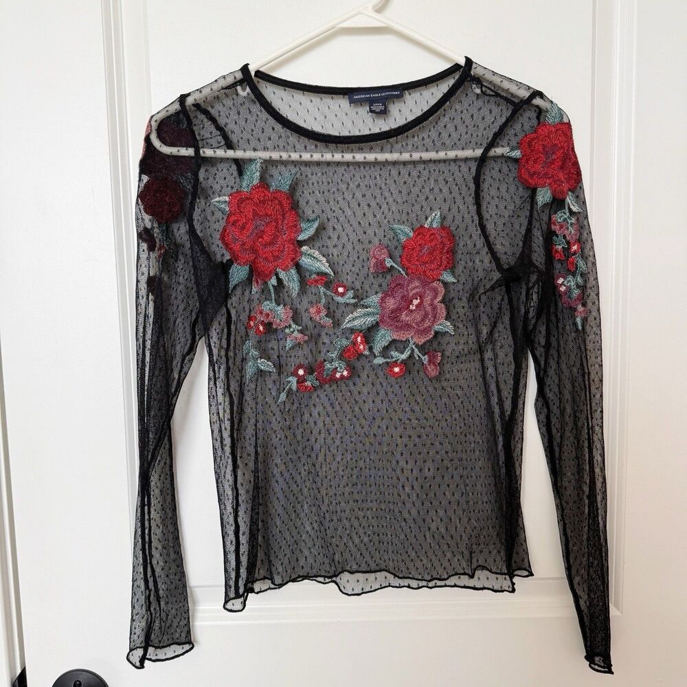 AEO Womens Dark Romance Sheer Floral Appliqué‎ Top Size Small Whimsigoth Fairy